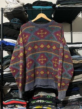 Structure Multicolor Crewneck Sweater with Burgundy, Gray & Mustard Pattern
